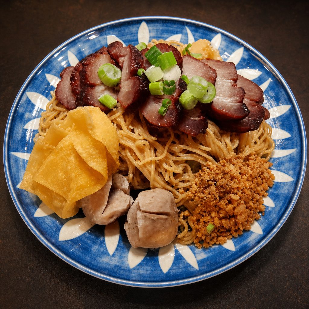 Bamee Haeng (Honey BBQ Roast Pork & Egg Noodle).