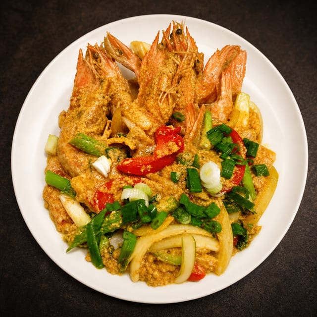 Pad Phong Kari (Whole Shrimp with Shell).